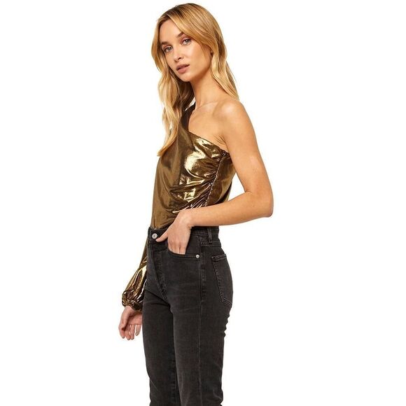 Misa One Shoulder Body Suit Gold Lame - Picture 2 of 11